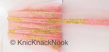 Green / Pink Net Lace Trim Hand Embroidered With Gold Bugle Beads And Ivory / Pink Seed Beads, Beaded Trim,